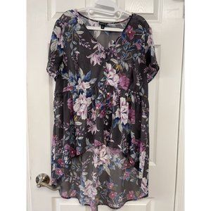 TORRID Womens Gray Floral Sheer Hi-Lo Babydoll Tunic Top Shirt 1X Plus
